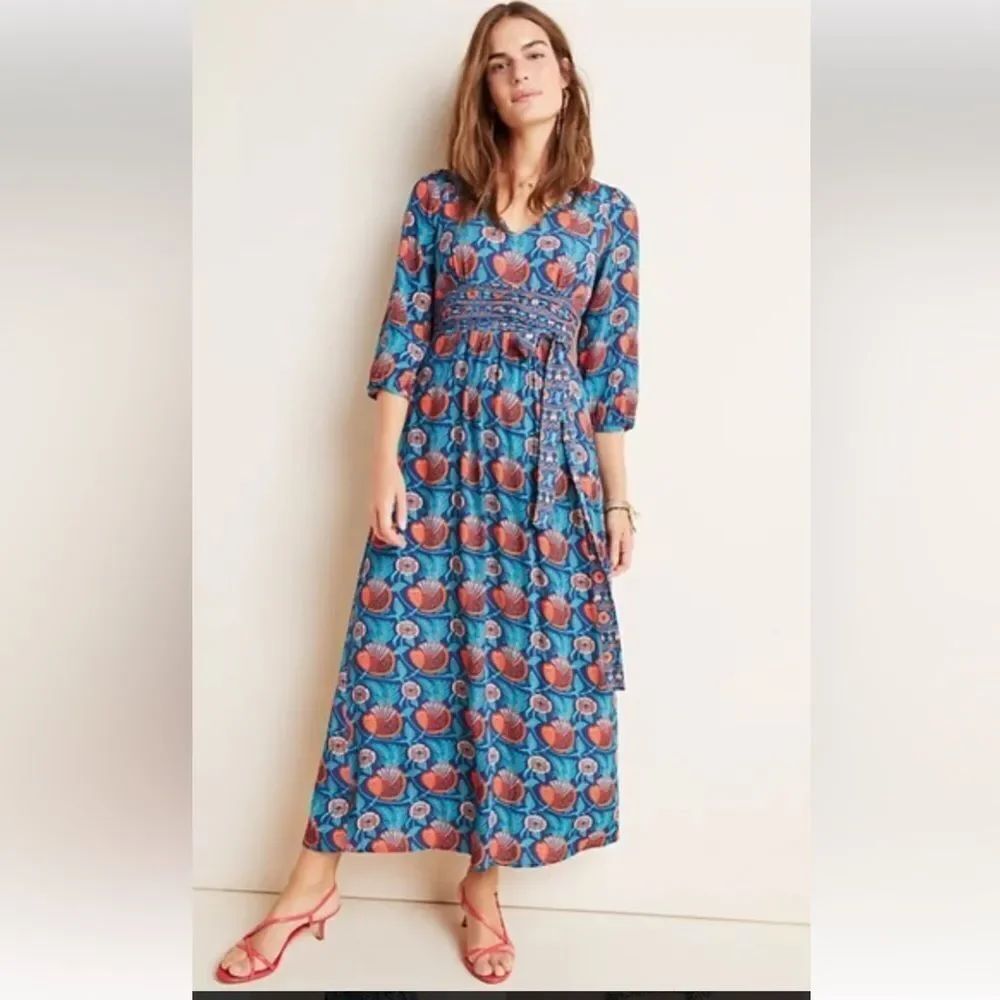 Anthropologie Maxi Dress Women Size 0  Blue Green Orange Floral Printed